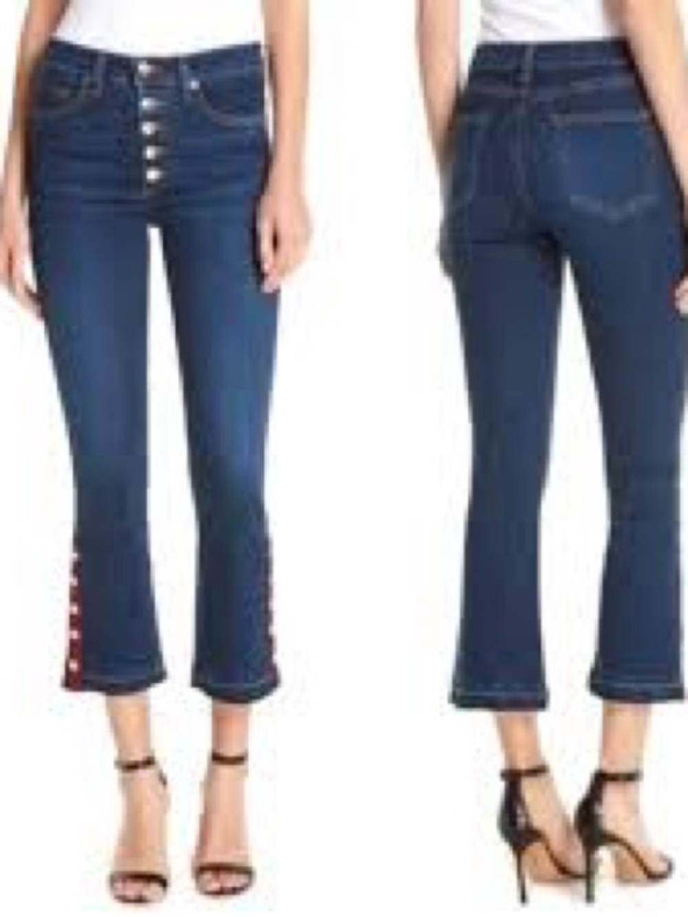 Veronica Beard Dark Blue Button-Front Cropped Flare Jeans